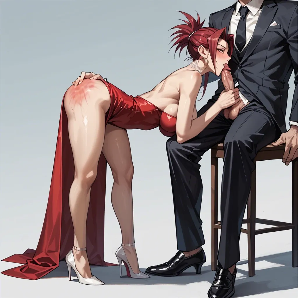 Akiza izinski Yu gi oh, elegant ruby red dress, clothed female, spanking ass, white heels, sexy smile, hoop earrings, blowjob