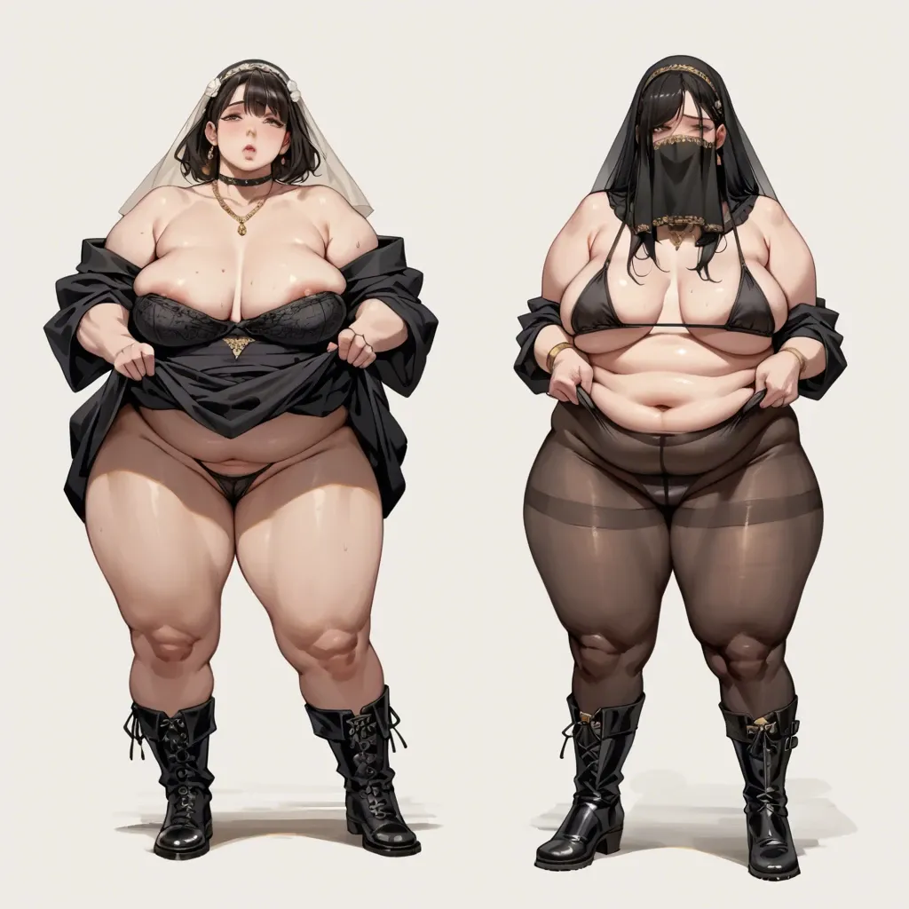 2girl, , , , dark pupils,fat obese arms,saggy breast,cozy background,gold necklace, pants,pantyhose pull,veil,black leotard,boots, lift skirt,socks,black choker,bikini top lift,black boots, bedroom, blake, cyberpunk, uncomfortable, detailed image, backlit, linked, belle