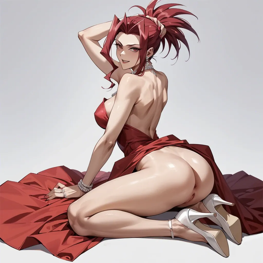 Akiza izinski Yu gi oh, presenting ass, elegant ruby red dress, white heels, sexy smile