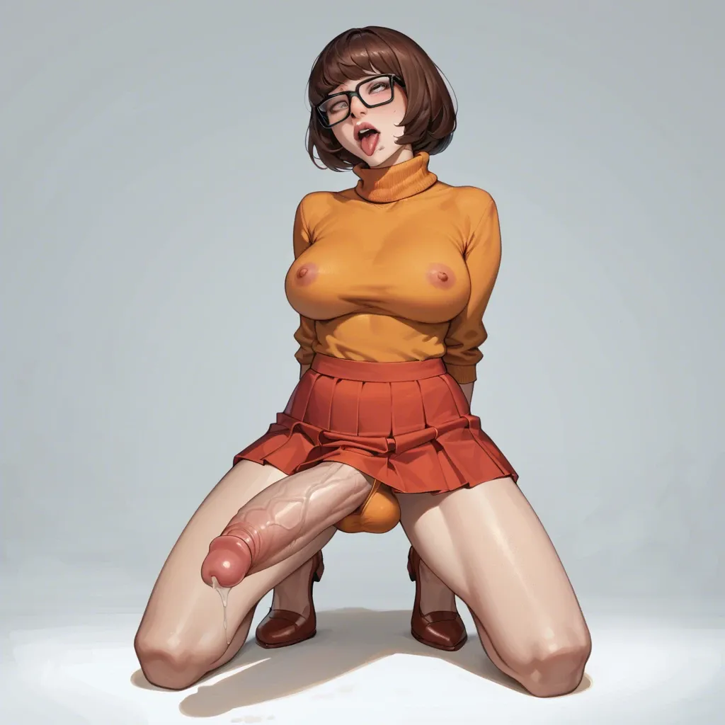 solo, Velma Dinkley, Scooby-Doo, bob cut, brown hair, brown eyes, full body,  highly detailed, highest quality, orange sweater, red skirt, futanari, hyper penis, bulge, ahegao, anime, autopaizuri, sitting on bed,