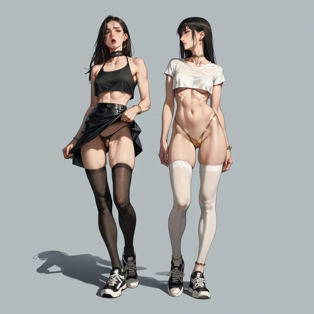 2girl, , , , sharp jawline,black legwear,saggy boobs,clenched waist,gold anklets, lifted skirt,anklets,lace choker,mini bikini,black sneakers, crop top,white stockings,jewelry,panties aside,thigh boots, white dress,pantyhose,wool hat,panties on,high heels, in classroom, cyberpunk, robot body, realistic face, brightly, samus, wonder woman, waifu