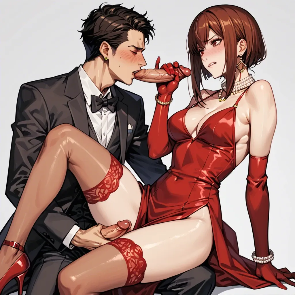 Kurisu makise, elegant red dress, flesh-colored stockings, heels, big golden earrings, pearl collar, bracelets, elbow gloves, handjob, embarrassed