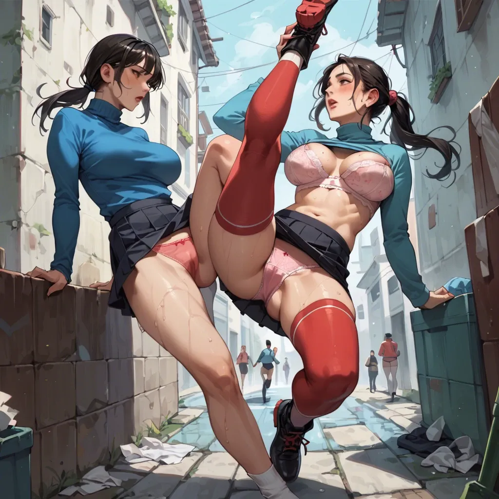 2girl, , , , rosy cheeks,one leg raised,round breasts,leaning back,turtleneck, micro skirt,white socks,hair tie,pink panties,running shoes, blue shirt,red thighhighs,feet tied,wet bra,black boots, gamer bedroom, alleyway, cyberpunk, tifa lockhart, anna, asuka langley