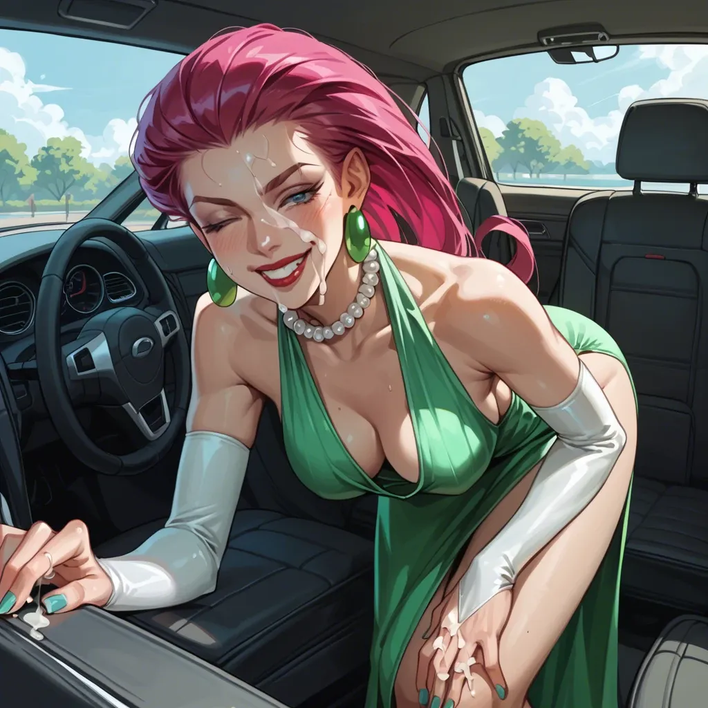 Jessie Pokémon, elegant green dress, barefoot, Hoop earrings, pearl collar, bent over, on car seat, sexy smile, elbow gloves, blue toenails,  1 Eye closed, cum on face, cum on hands