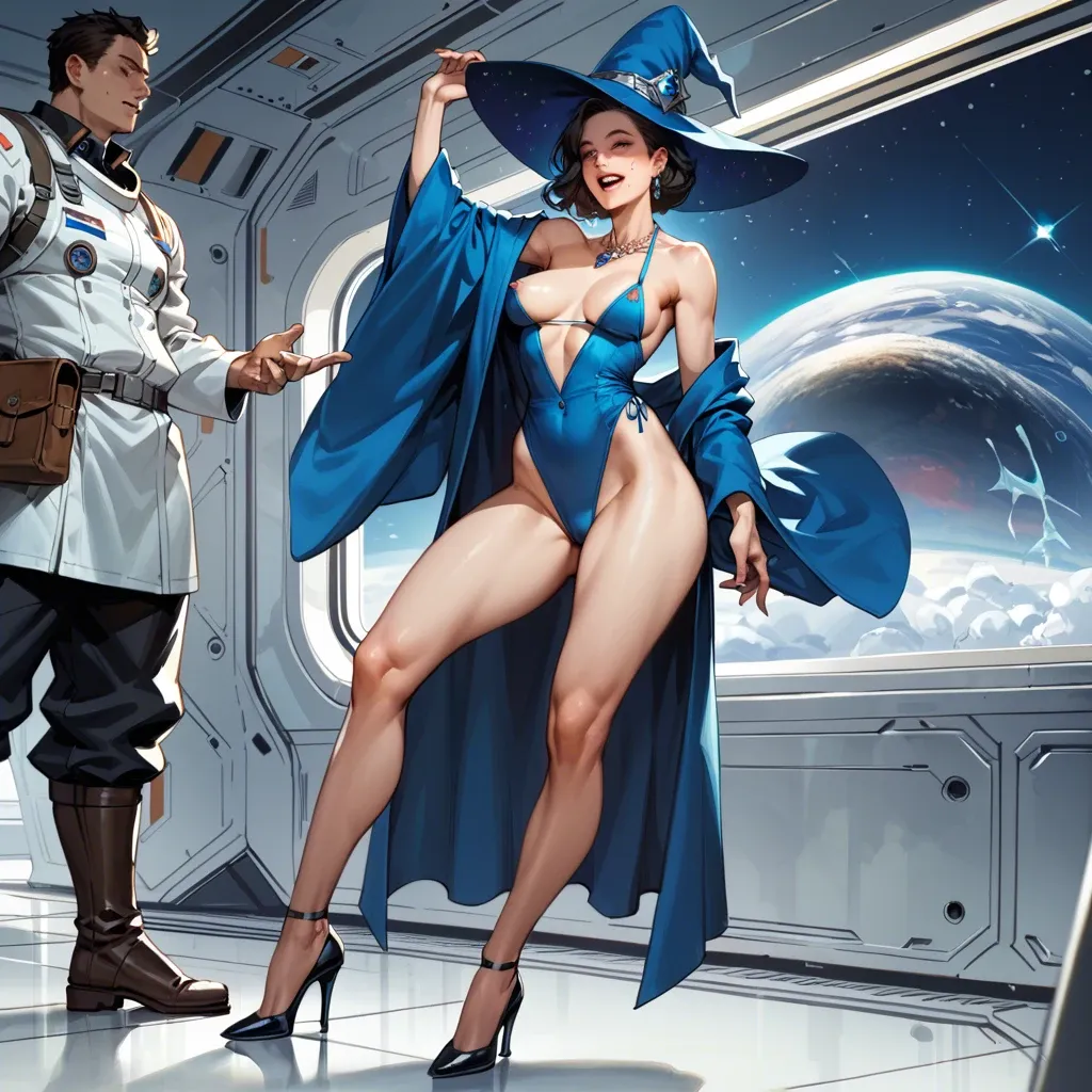 1girl,1boy, , , , teeth,sole,firm breasts,slender waist,broad shoulders, sexy mole,arm up,pointy nipples,space ship,necklace, robe,ice palace,witch hat,mini bikini,high heels, blue dress,black fishnet,tennis cap,crotchless,black boots, palace bedroom, daphne blake, cyberpunk, spiked dildo, close camera, tifa lockhart, rapunzel waifu