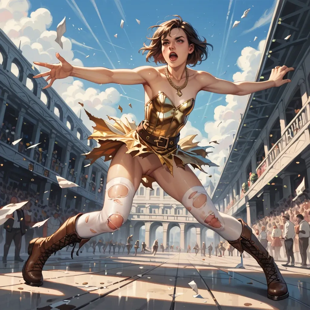 1girl,solo, , , , reaching,shiny metal,perky tits,flat chest,bare shoulders, glittery dress,torn thighhighs,golden necklace,laced bodysuit,brown boots, undress,white socks,belts,teddy,running shoes, dress,stockings,suspenders,pink leotard,running shoes, sparkling, cyberpunk, robot, shelf, wonder woman