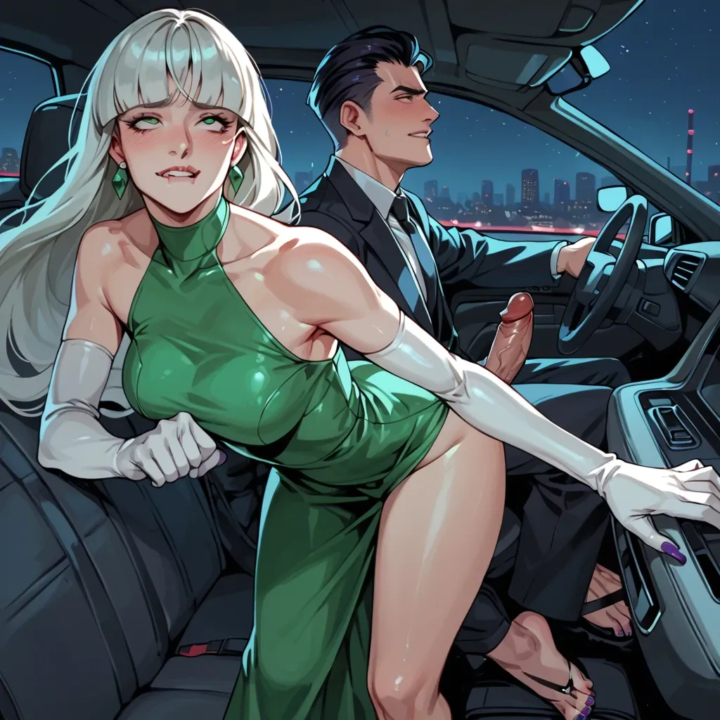 Sabrina Pokémon, bent over, rough sex, orgasm, rolling eyes, smiling, biting lip, purple toenails, long hair, on car seat, night, elegant green dress, platinum collier, elbow gloves