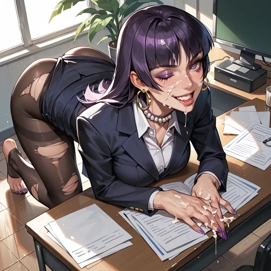 Sabrina Pokémon, business suit, clothed female, ripped pantyhose, barefoot, Hoop earrings, pearl collar, bent over, on desk, sexy smile, drool, purple toenails,  1 Eye closed, cum on face, cum on hands