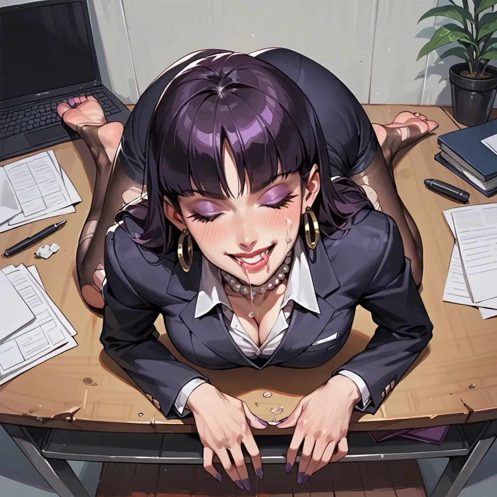 Sabrina Pokémon, business suit, clothed female, ripped pantyhose, barefoot, Hoop earrings, pearl collar, bent over, on desk, sexy smile, drool, purple toenails, facial, closed eyes