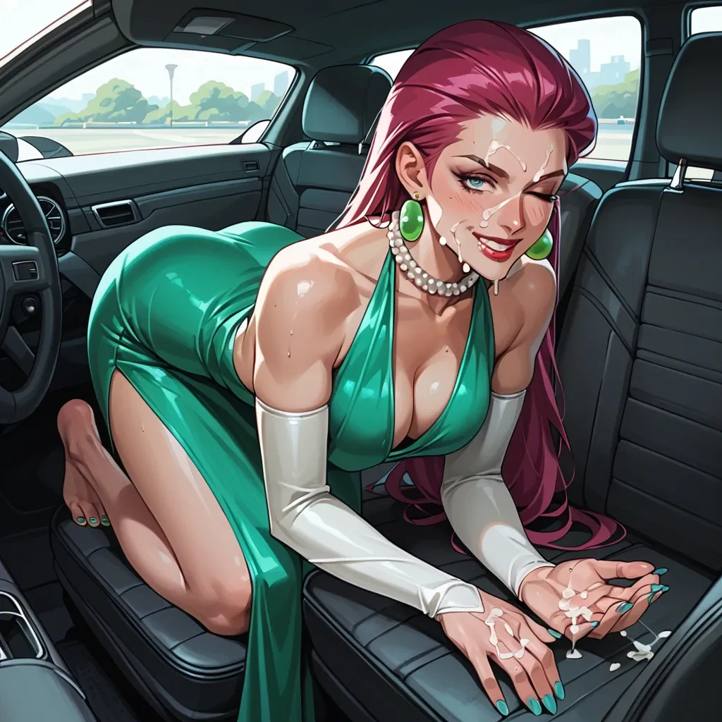 Jessie Pokémon, elegant green dress, barefoot, Hoop earrings, pearl collar, bent over, on car seat, sexy smile, elbow gloves, blue toenails,  1 Eye closed, cum on face, cum on hands