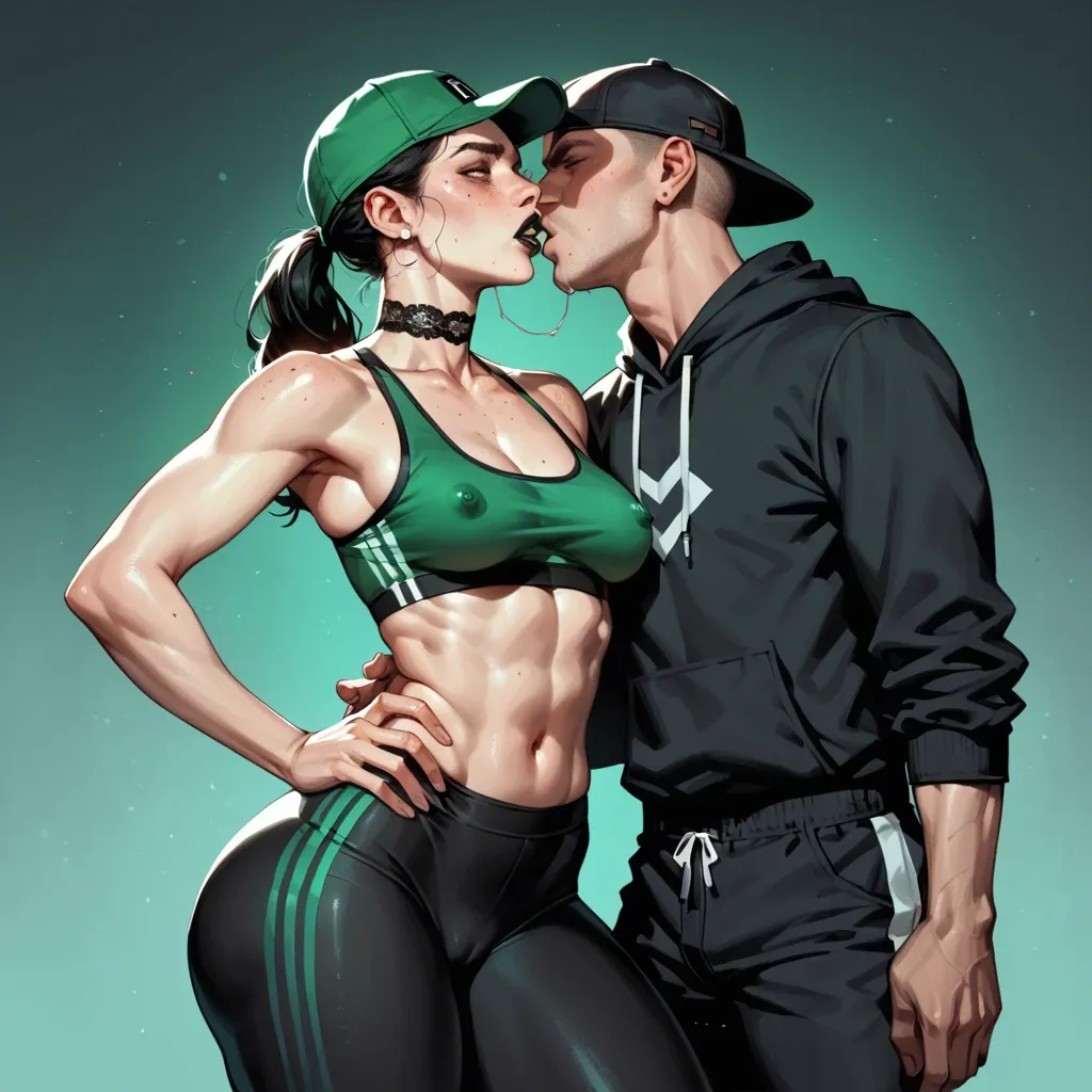 1girl,1boy, , , , freckled face,warm lighting,shaped nipples,huge hips,kissing neck, black lipstick,thicc thighs,perky boobs,void background,very skinny, black leggings,lace choker,sports cap,green bodysuit,gothic boots, underpants,knee socks,panties visible,pink panties,strappy sandals, barbie, alleyway, cyberpunk, blindfolded, rapunzel waifu