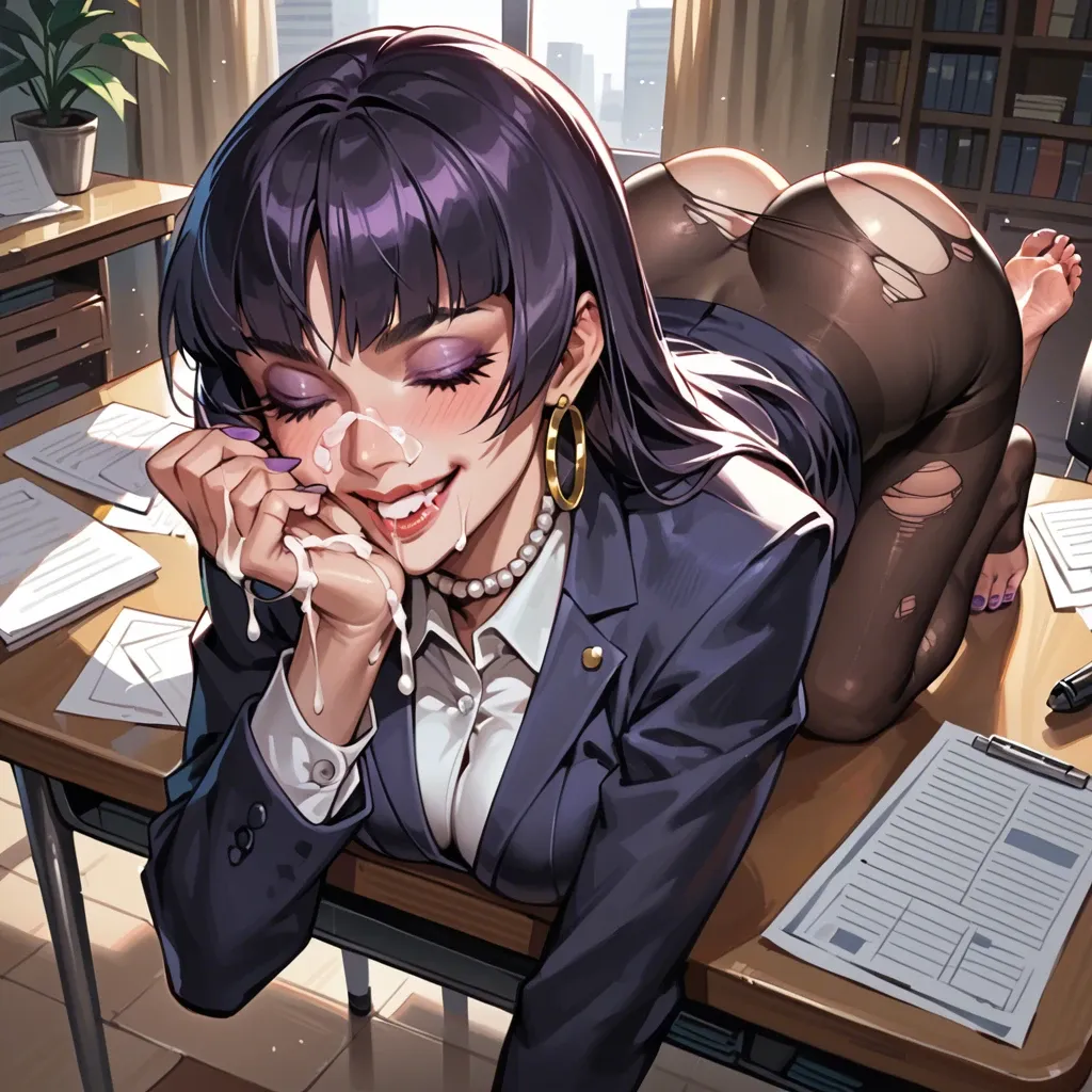 Sabrina Pokémon, business suit, clothed female, ripped pantyhose, barefoot, Hoop earrings, pearl collar, bent over, on desk, sexy smile, drool, purple toenails,  closed eyes, cum on face, cum on hands