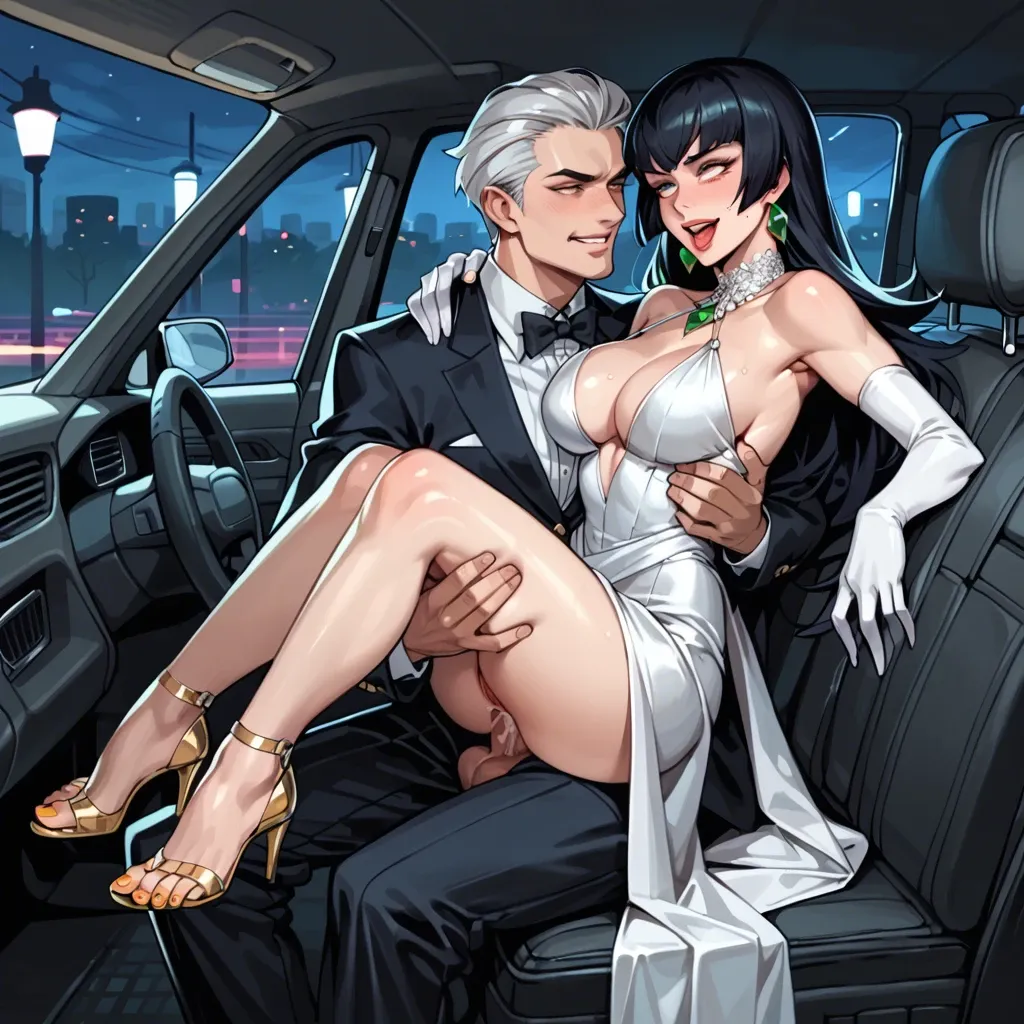 Sabrina Pokémon, reverse suspended congress anal, orgasm, rolling eyes, smiling, golden toenails, long hair, on car seat, night, elegant dress, platinum collier, elbow gloves