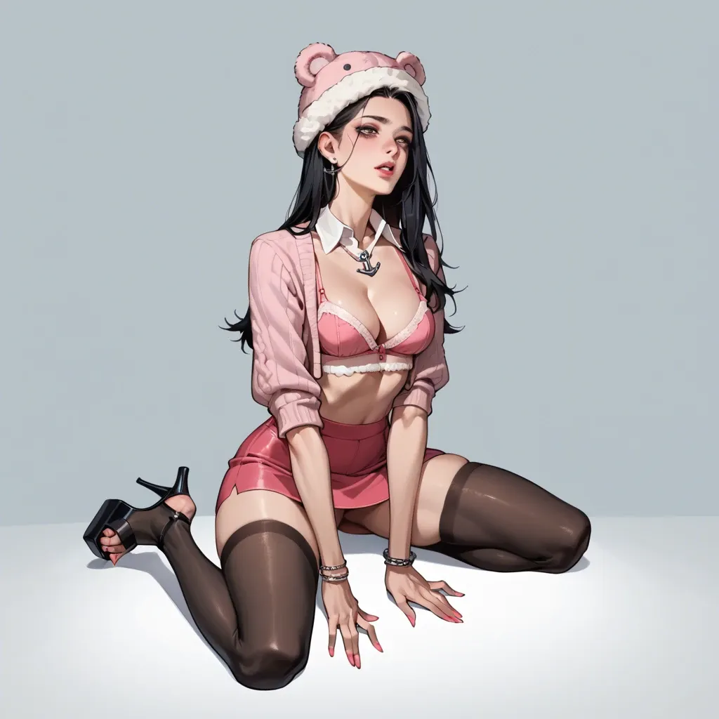 1girl,solo, , , , lustful eyes,skinny thighs,cleavage,relationship,kneeling facial, pink crop top,leggings,fur hat,mini skirt bra,platform heels, sweater,anchor necklace,collared shirt,teddy,strappy sandals, glass shower, crowded train, cyberpunk, uncomfortable, anime, bright-lit, link, waifu