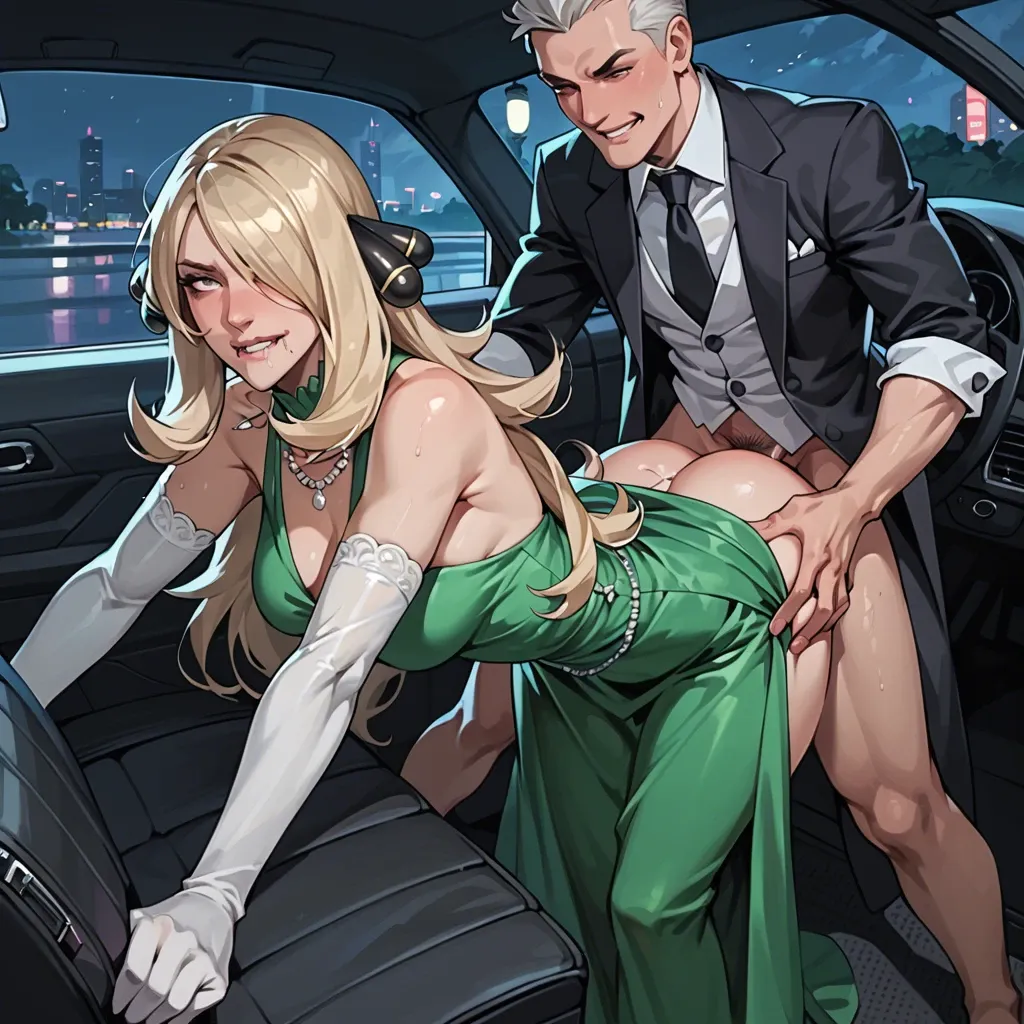 Cynthia Pokémon, bent over, rough sex, orgasm, rolling eyes, smiling, biting lip, purple toenails, long hair, on car seat, night, elegant green dress, platinum collier, elbow gloves