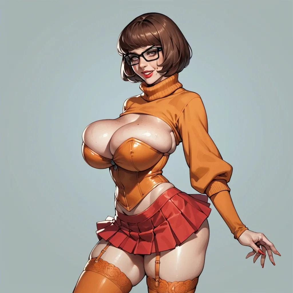 solo, anime style, Velma Dinkley, Scooby-Doo, bob cut, brown hair, brown eyes, highly detailed, highest quality, bimbo, escort, bustier, bursting breasts, red microskirt, legwear garter, seductive smile, heavy makeup, wasp waist, huge ass, large breasts, stiletto heels, fishnets, choker, hoop earrings, midriff, symmetrical pose, looking at viewer, areola slip, covered erect nipples, breast focus