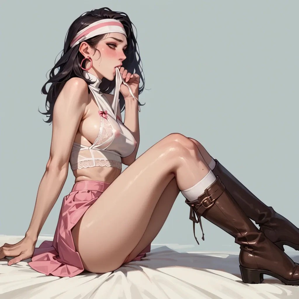 1girl,solo, , , , cock in mouth,skin blushing,round tits,side boob,wide shoulders, shirt in mouth,knee-high socks,headband,sexy lingerie,thigh boots, pink skirt,knee socks,big earrings,frilled panties,stiletto heels, office, water sparkles, cyberpunk, in front of bed, multiple dildos, tifa lockhart, moana, waifu