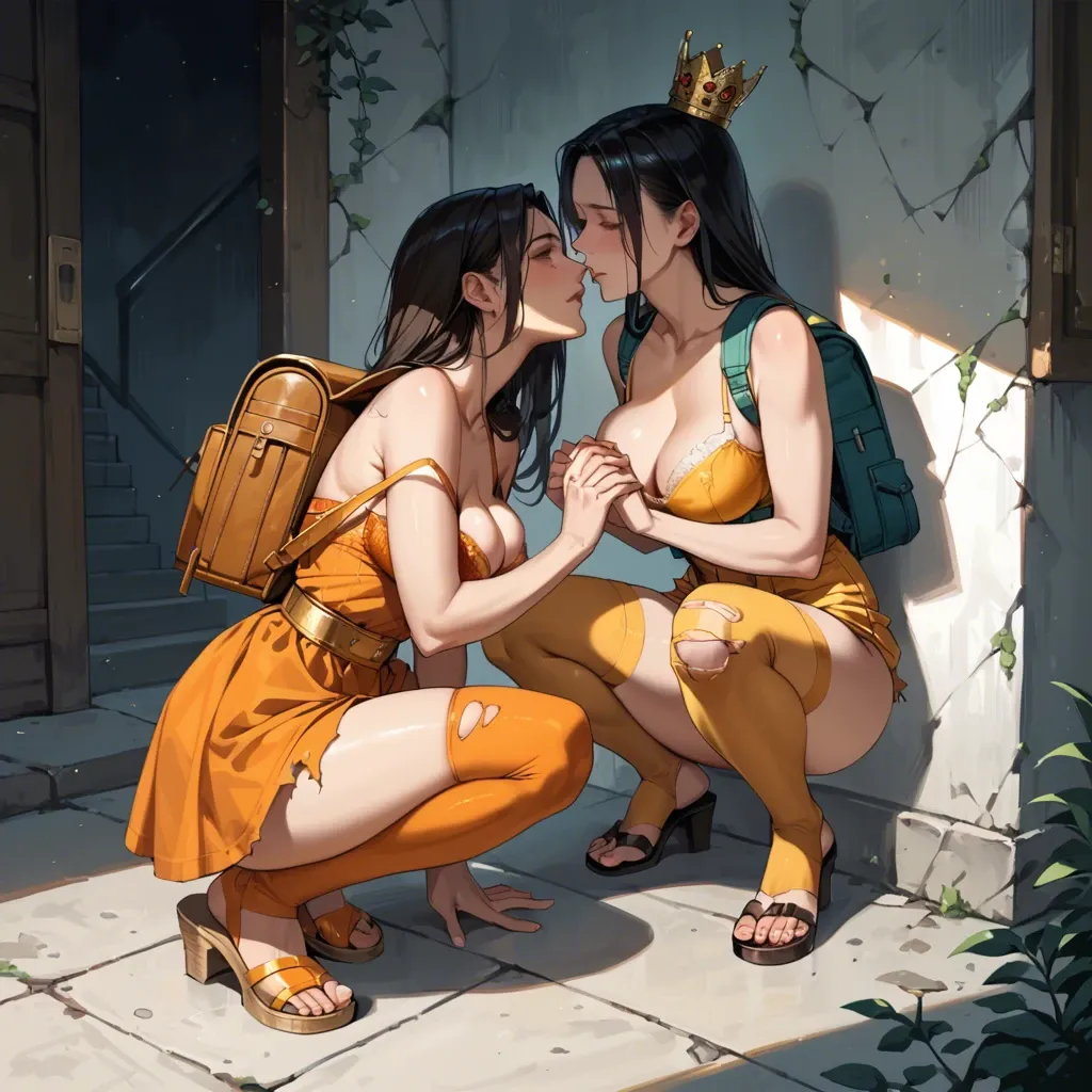 2girl, , , , crouching,camisole,round breasts,microwaist,bare shoulders, touching,warm,round big tits,backpack,shoulder pads, orange sundress,gold stockings,gold crown,open torn bra,sandals, half dressed,leggings,cap,swimsuit,no shoes, living room, phone pov, tifa lockhart, rapunzel, dynamic pov