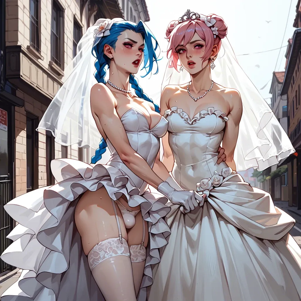 Jinx and gwenpool femboys, 2 femboys,wedding dress, up skirt, bulge,white panties, street