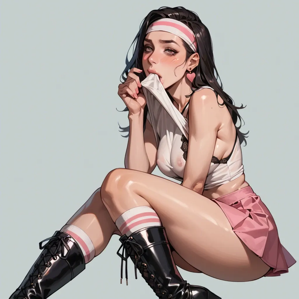 1girl,solo, , , , cock in mouth,skin blushing,round tits,side boob,wide shoulders, shirt in mouth,knee-high socks,headband,sexy lingerie,thigh boots, pink skirt,knee socks,big earrings,frilled panties,stiletto heels, office, water sparkles, cyberpunk, in front of bed, multiple dildos, tifa lockhart, moana, waifu