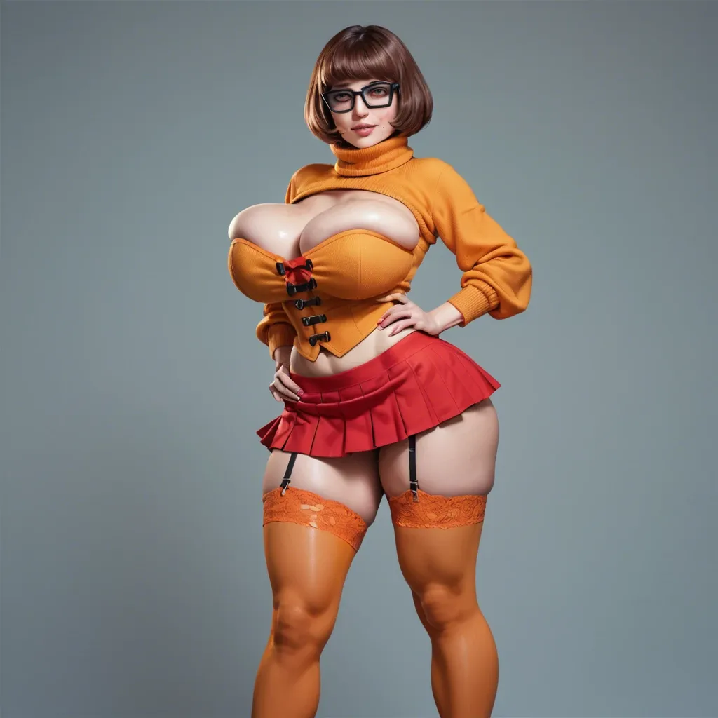 solo, anime style, Velma Dinkley, Scooby-Doo, bob cut, brown hair, brown eyes, highly detailed, highest quality, bimbo, escort, bustier, bursting breasts, red microskirt, legwear garter, seductive smile, heavy makeup, wasp waist, huge ass, large breasts, hoop earrings, areola slip, covered erect nipples, breast focus