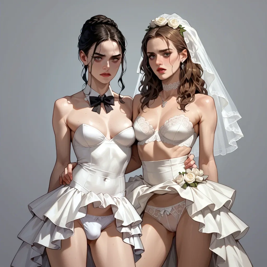 Hermione and   wednesday addams femboyd, 2 femboys,wedding dress, up skirt, bulge,white panties,