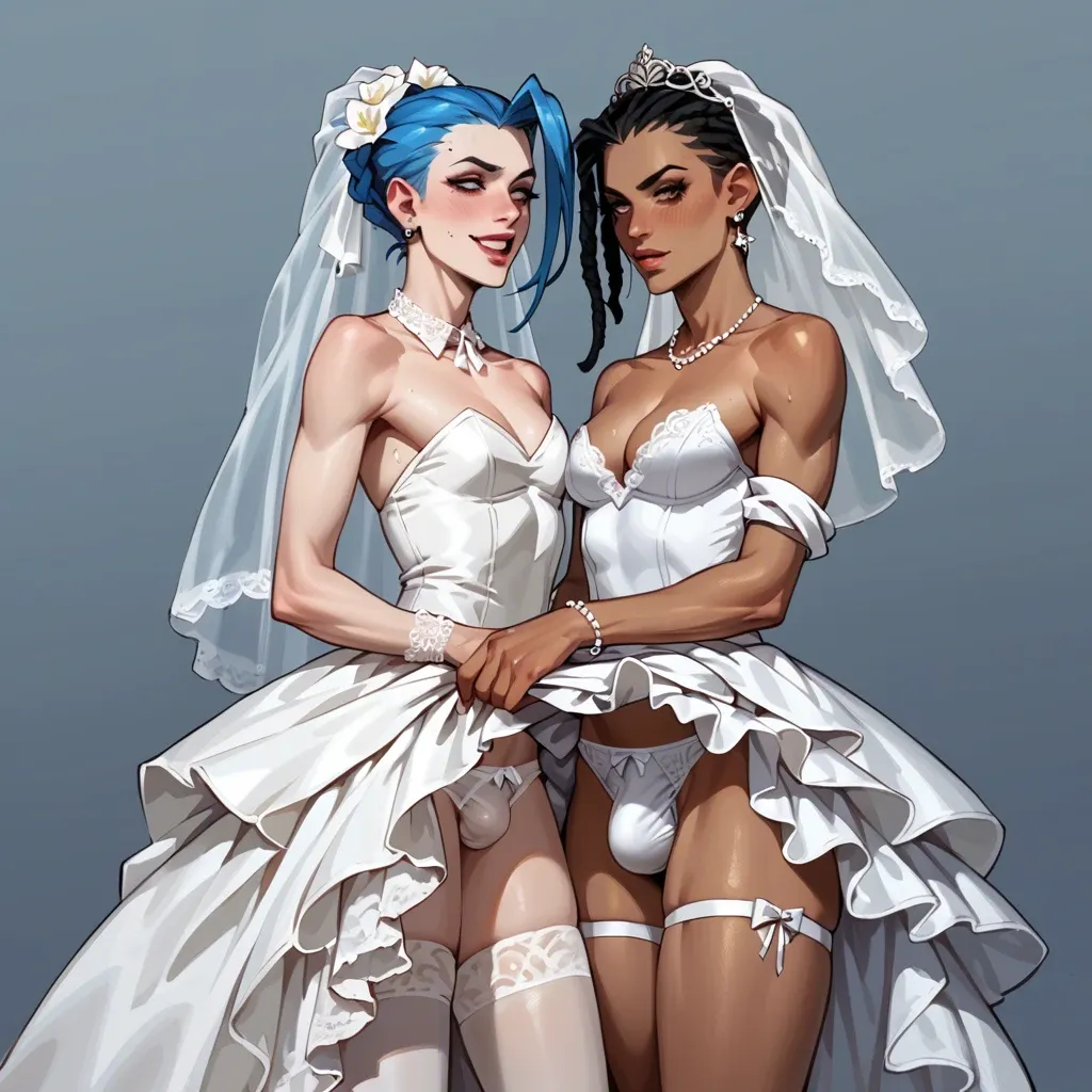 Jinx and gvenpool femboys, 2 femboys,wedding dress, up skirt, bulge,white panties,