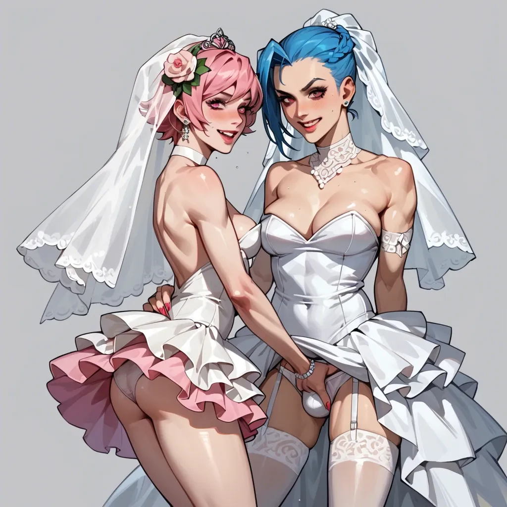 Jinx and gwenpool femboys, 2 femboys,wedding dress, up skirt, bulge,white panties,