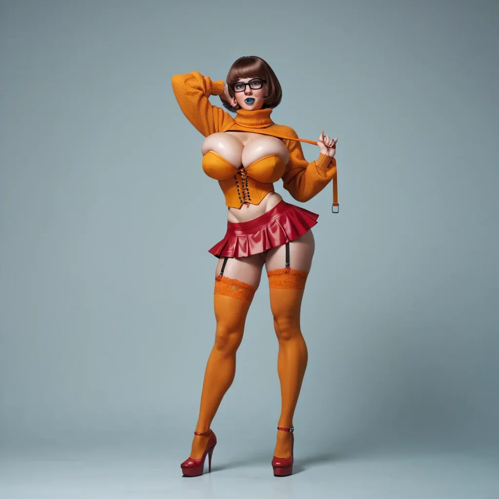 solo, Velma Dinkley, Scooby-Doo, bob cut, brown hair, brown eyes, full body, highly detailed, highest quality, bimbo, escort, bustier, bursting breasts, red microskirt, legwear garter, seductive smile, heavy makeup, wasp waist, huge ass, large breasts, stiletto heels, fishnets, choker, hoop earrings, midriff, symmetrical pose, looking at viewer, areola slip, covered erect nipples, breast focus