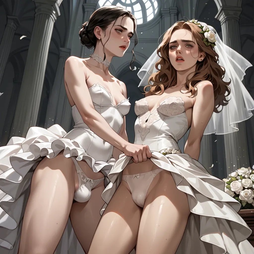 Hermione and   wednesday addams femboys, 2 femboys,wedding dress, up skirt, bulge,white panties,