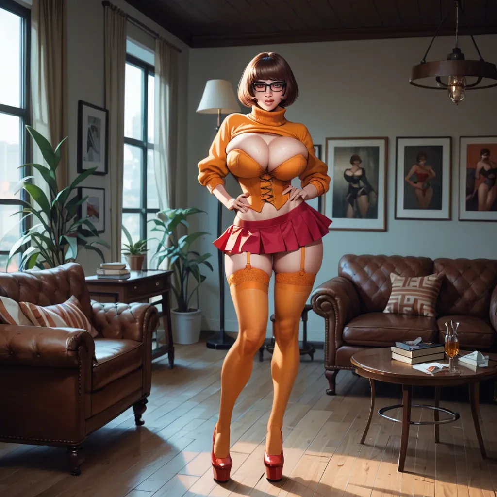 solo, Velma Dinkley, Scooby-Doo, bob cut, brown hair, brown eyes, full body, highly detailed, highest quality, bimbo, escort, bustier, bursting breasts, red microskirt, legwear garter, seductive smile, indoors, nightclub, disco ball, bar, dancefloor, heavy makeup, wasp waist, huge ass, large breasts, stiletto heels, fishnets, choker, hoop earrings, midriff, symmetrical pose, looking at viewer,