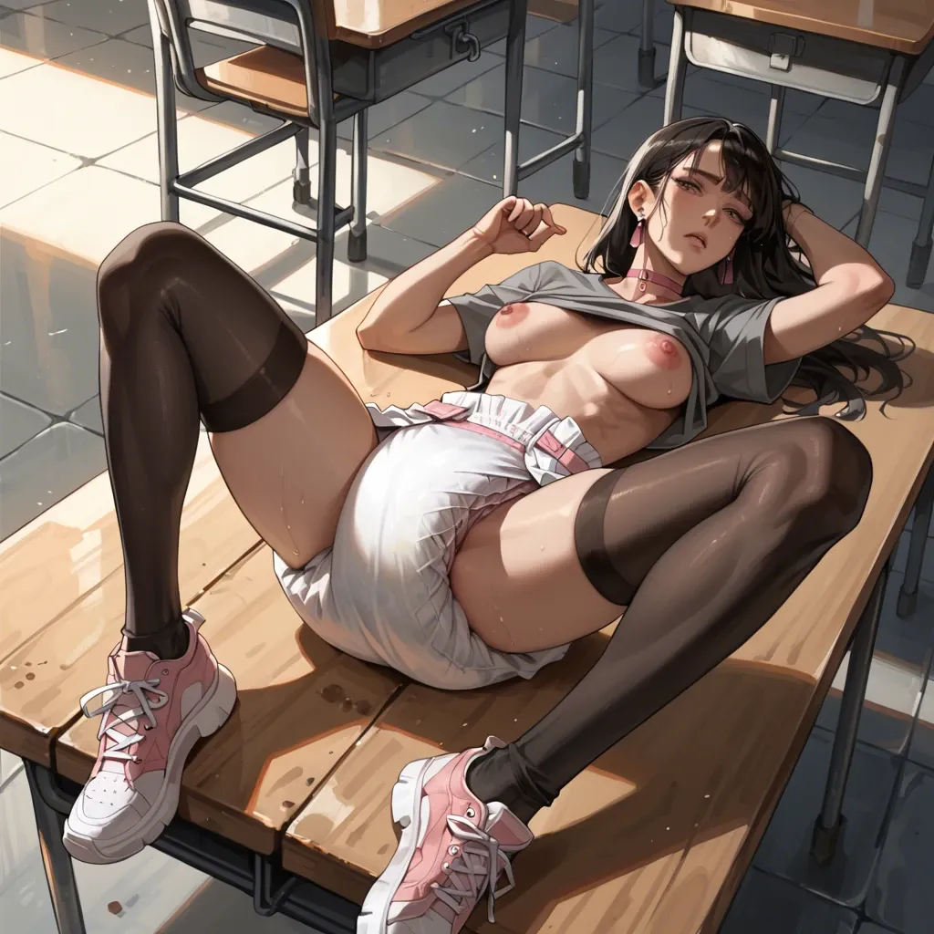 1girl,, , , , ,nice feet,swollen nipples,laying on back,elbows, half dressed,thighhighs,pink choker,thigh , gray t-shirt,baggy socks,earrings,black wet diaper,sneakers, classroom, dark alley, cyberpunk, , rapunzel, rei ayanami