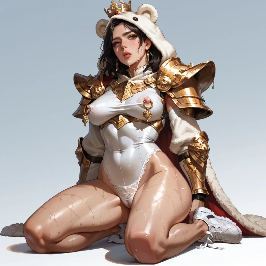 1girl,solo, , , , wet lips,on her knees,nipple rings,arched back,shoulder, jaw,armour,nipple bulge,wide hips,shoulder pads, bear costume,lace tights,gold crown,hand on panties,white sneakers, mountains, castle exterior, unworn gag, bent over table, ariel