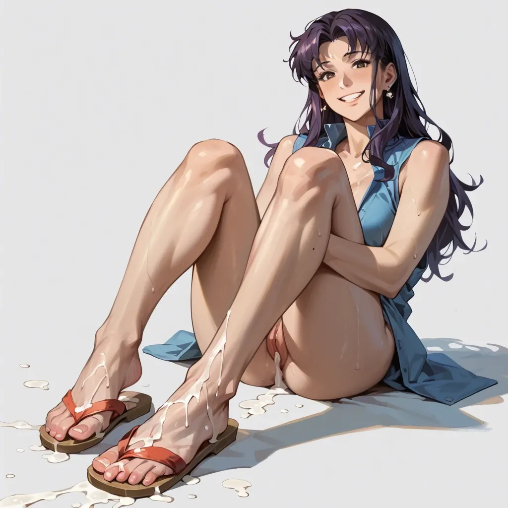 Misato katsuragi, smiling, presenting feet, cum on feet, flip flops