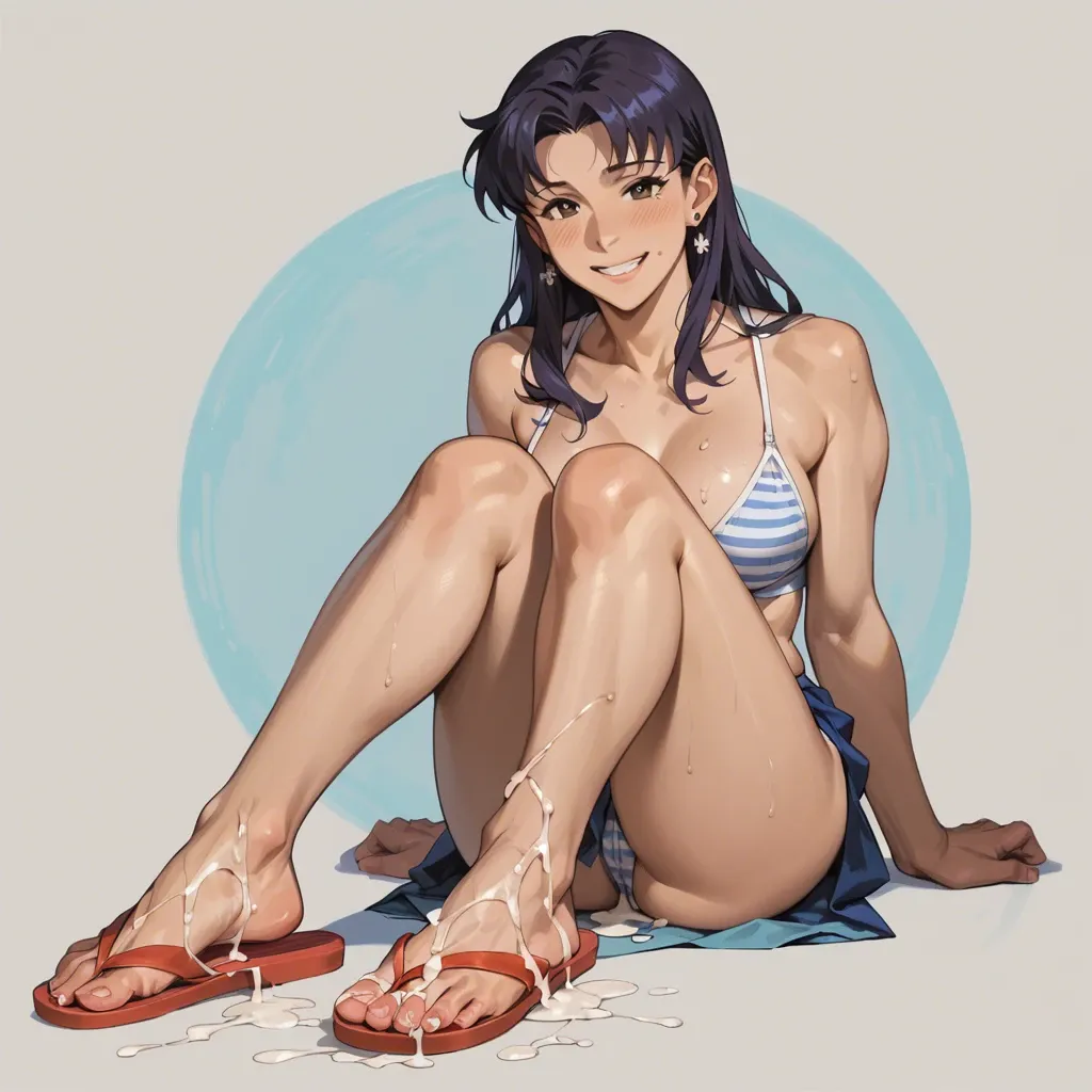 Misato katsuragi, smiling, presenting feet, cum on feet, flip flops