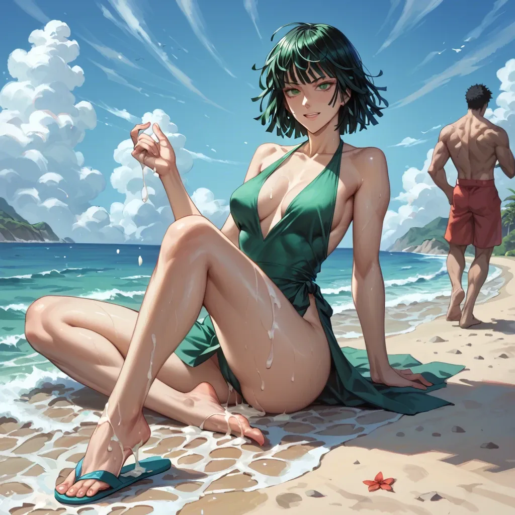 Flip flops, cum on feet, fubuki One punch man, summer dress, sexy smile