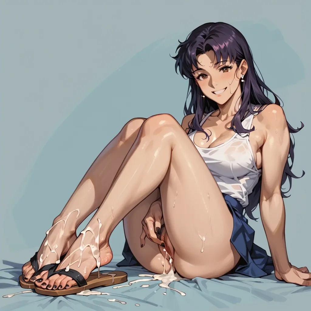 Misato katsuragi, smiling, presenting feet, cum on feet, flip flops, black toenails