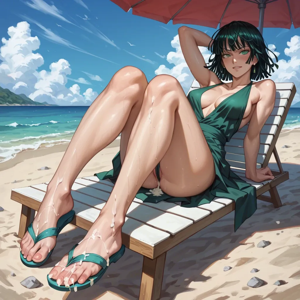 Flip flops, cum on feet, fubuki One punch man, summer dress, sexy smile