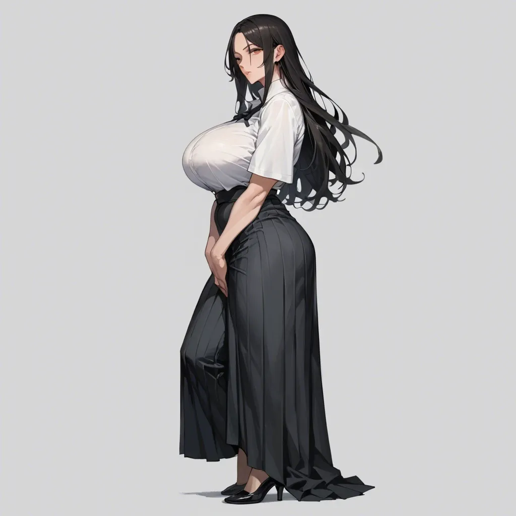 looking at viewer,canted angle,contrapposto,full body,from side,side view,own hands together,curvy,blouse,skirt,huge breasts,black long hair, simple background,standing,