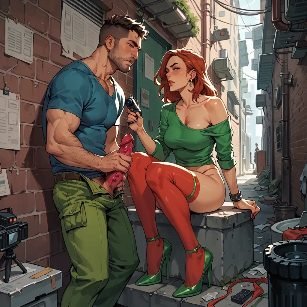 1girl,1boy, , , , large nose,giving handjob,medium boobs,chest hair,collarbone, shirt pull,red stockings,rings,green bodysuit,stiletto heels, alley, spaceship, camera, spiked dildo, tifa lockhart, wonder woman