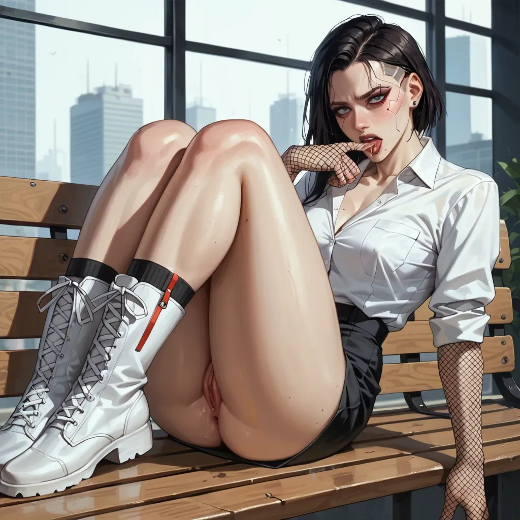 1girl,solo, , , , mole under eye,licking feet,perky tits,high waisted,knee, formal shirt,black fishnet,fishnet gloves,thongs,white boots, school, cyberpunk, android, laying on bench, detailed penis, dim light, belle, waifu