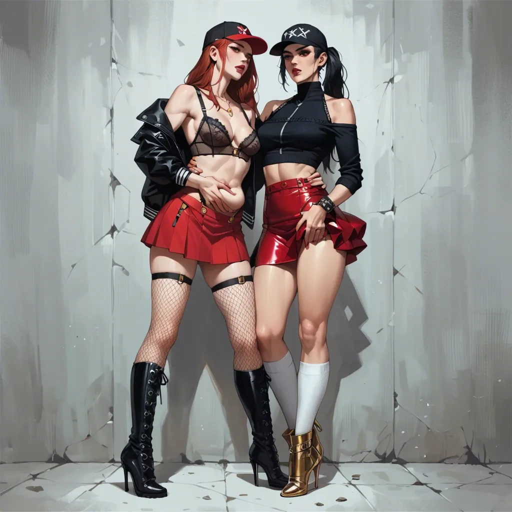 2girl, , , ,gold anklets,round boobs,belly grab,bare shoulders, skirt lift,white socks,cap,mesh bodysuit,stiletto heels, red skirt,knee socks,suspenders,lace lingerie,gothic boots, jacket,lace panties,headband,sexy red bikini,sandals, bathroom, airfield, cyberpunk, luggage, super detailed, bright day, princess zelda