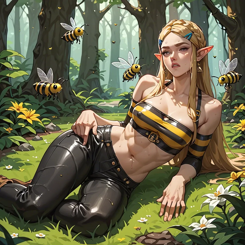 princess zelda, stung by a bee, bee sting, bee attack, but attacked by bees, bee swarm, leather pants, pants down, red spots, sting spots, stinged by bee, in forest, sunny, solo