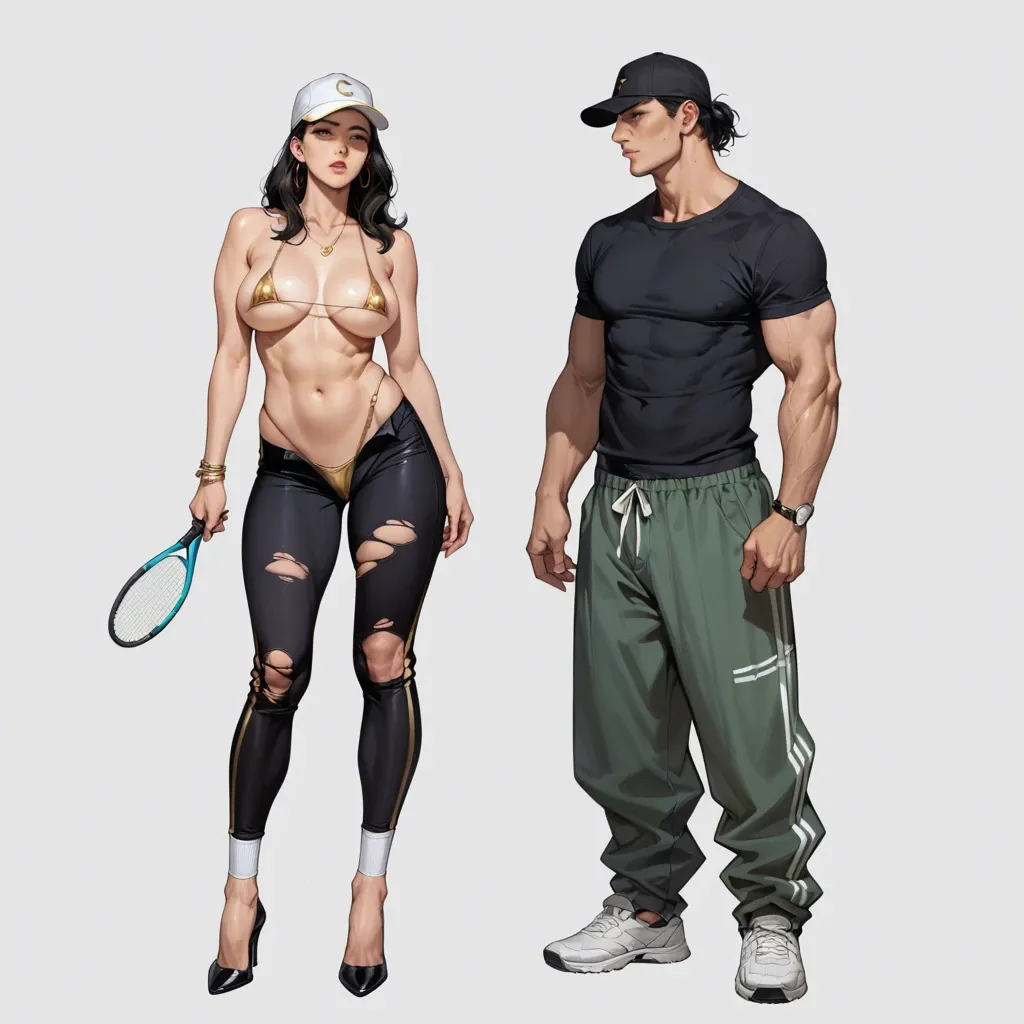 1girl,1boy, , , , cheekbones,establishing,round breasts,men background,knee-high, baggy pants,knee-high socks,tennis cap,micro bikini,stiletto heels, torn dress,lace trim,gold bracelets,black leotard,strappy sandals, shower, alleyway, cyberpunk, dildo, tifa lockhart