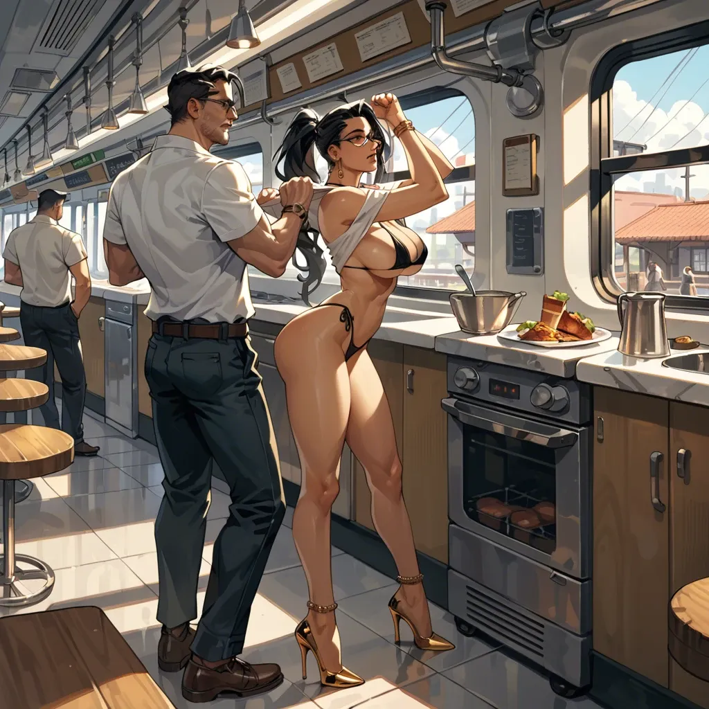 1girl,1boy, , , , nose piercings,hands raised,large boob slip,thin waists,bare shoulder, pulling shirt,gold anklets,glasses,bikini top lift,high heels, kitchen, train, tavern, cyborg girl, realistic eyes, brightly lit, anna and elsa