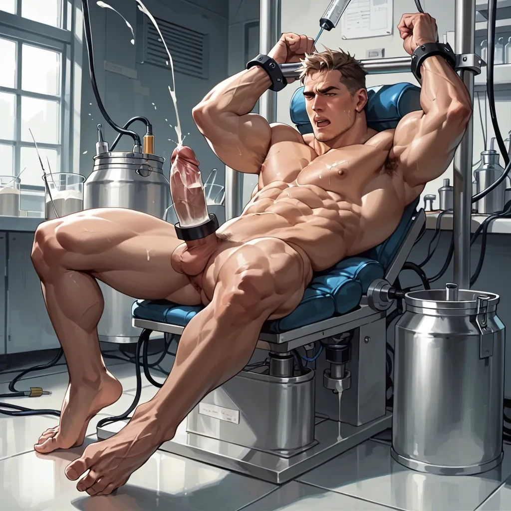 muscular naked young guy,explicit,ejaculate a lot,barefoot,restrained,lay on The operation console,erected,milk barrels,sperm machine,lab,injection,orgasm