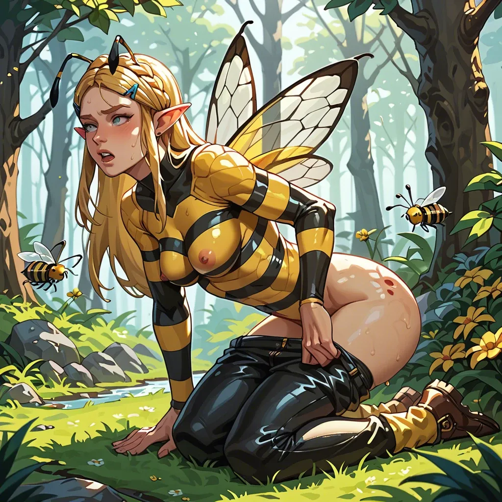 princess zelda, stung by a bee, bee sting, bee attack, but attacked by bees, bee swarm, leather pants, pants down, red spots, sting spots, stinged by bee, in forest, sunny, solo