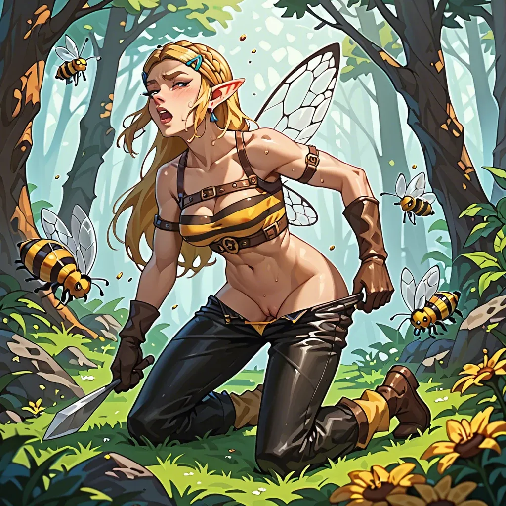 princess zelda, stung by a bee, bee sting, bee attack, but attacked by bees, bee swarm, leather pants, pants down, red spots, sting spots, stinged by bee, in forest, sunny, solo