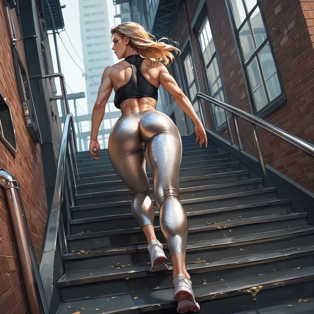 Tight golden shiny metallic pants stairs, running girl