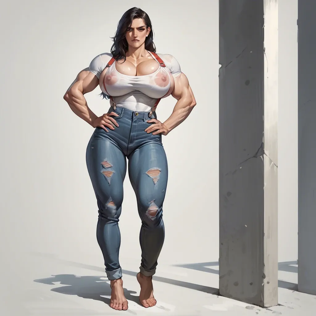 1girl,solo, , , , lip biting,hand on panties,huge breast,black fabric,ankles, cheekbones,biceps,big areolas,hands on waist,standing, tight jeans,laced bodysuit,suspenders,print panties,no shoes, sweatshirt,blue stockings,big earrings,crotchless,sandals, city, cyberpunk, realistic fur, dark lighting, dynamics